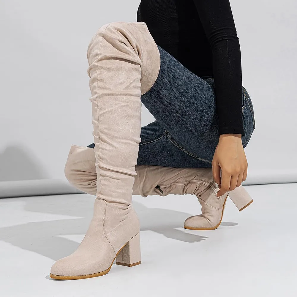 YING LAN Over The Knee High Boots For Women Pull On Side Zipper Chunky Block Heel Thigh High Boots