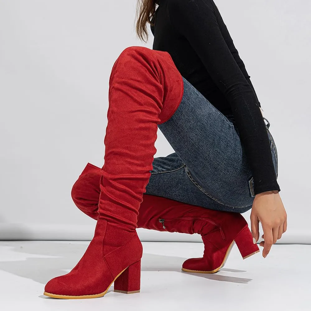 YING LAN Over The Knee High Boots For Women Pull On Side Zipper Chunky Block Heel Thigh High Boots