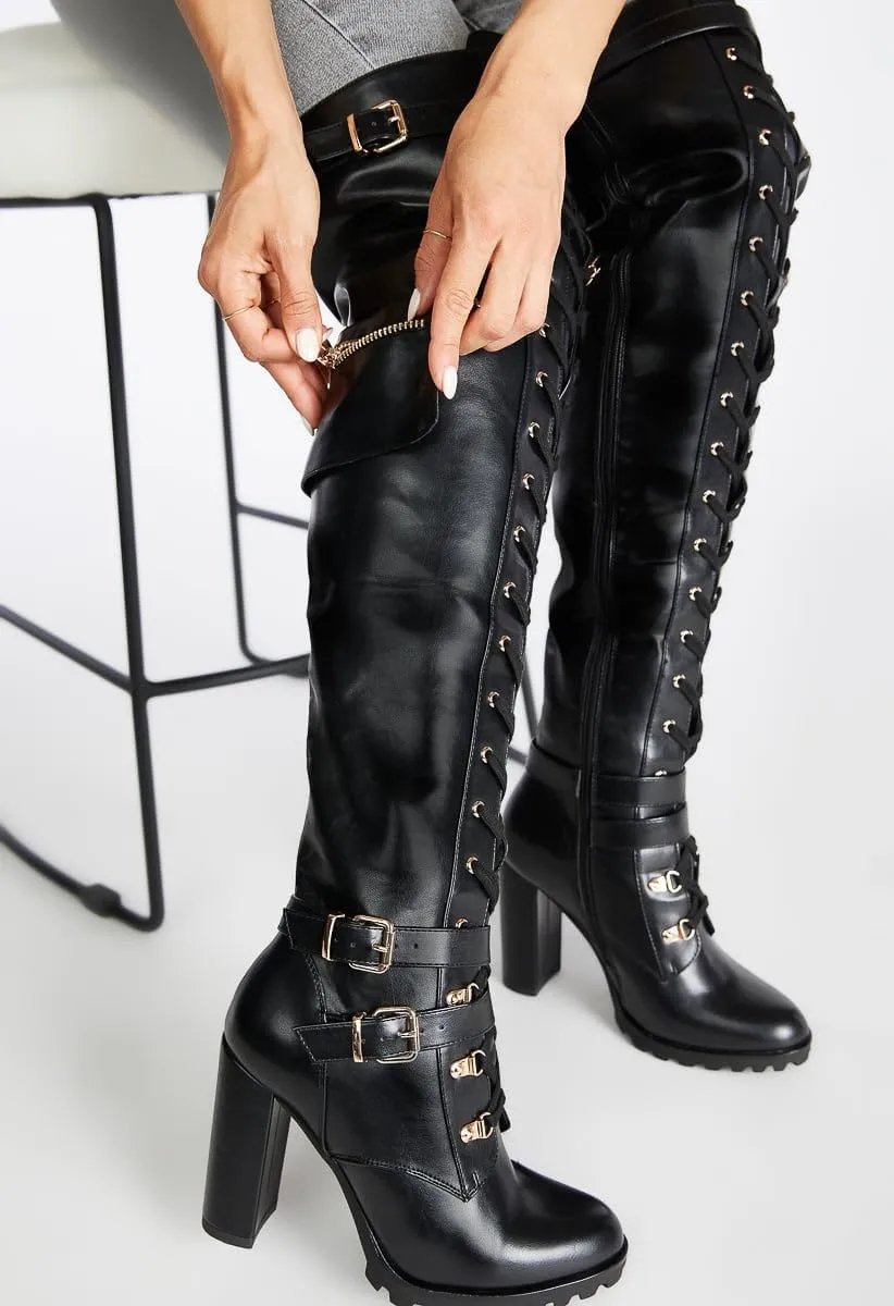 Yishaweiqi Buckle Strap Wide Calf Thigh High Boots for Women Chunky Block High Heel Over The Knee Boots Lace up Riding Combat Boots Ladies Side Zipper Tall Long Boots