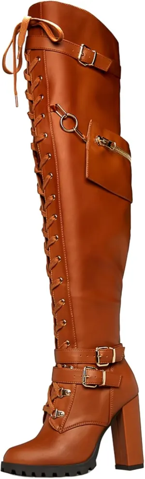 Yishaweiqi Buckle Strap Wide Calf Thigh High Boots for Women Chunky Block High Heel Over The Knee Boots Lace up Riding Combat Boots Ladies Side Zipper Tall Long Boots