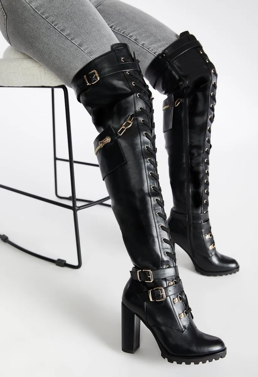 Yishaweiqi Buckle Strap Wide Calf Thigh High Boots for Women Chunky Block High Heel Over The Knee Boots Lace up Riding Combat Boots Ladies Side Zipper Tall Long Boots