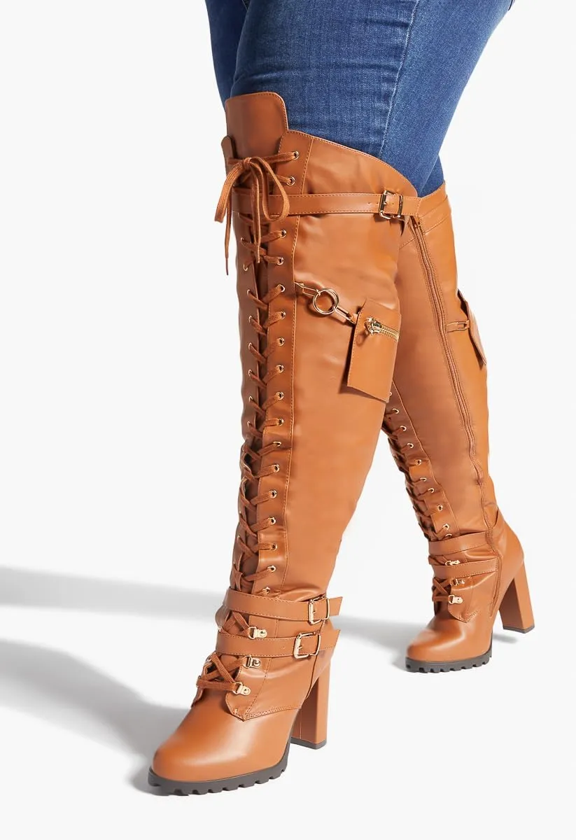 Yishaweiqi Buckle Strap Wide Calf Thigh High Boots for Women Chunky Block High Heel Over The Knee Boots Lace up Riding Combat Boots Ladies Side Zipper Tall Long Boots