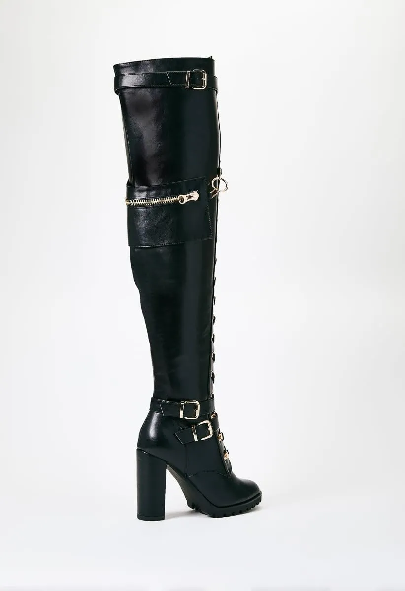 Yishaweiqi Buckle Strap Wide Calf Thigh High Boots for Women Chunky Block High Heel Over The Knee Boots Lace up Riding Combat Boots Ladies Side Zipper Tall Long Boots
