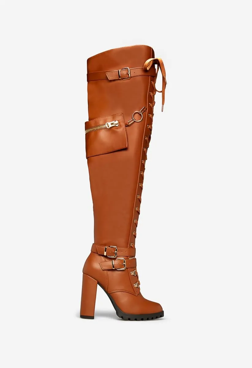 Yishaweiqi Buckle Strap Wide Calf Thigh High Boots for Women Chunky Block High Heel Over The Knee Boots Lace up Riding Combat Boots Ladies Side Zipper Tall Long Boots