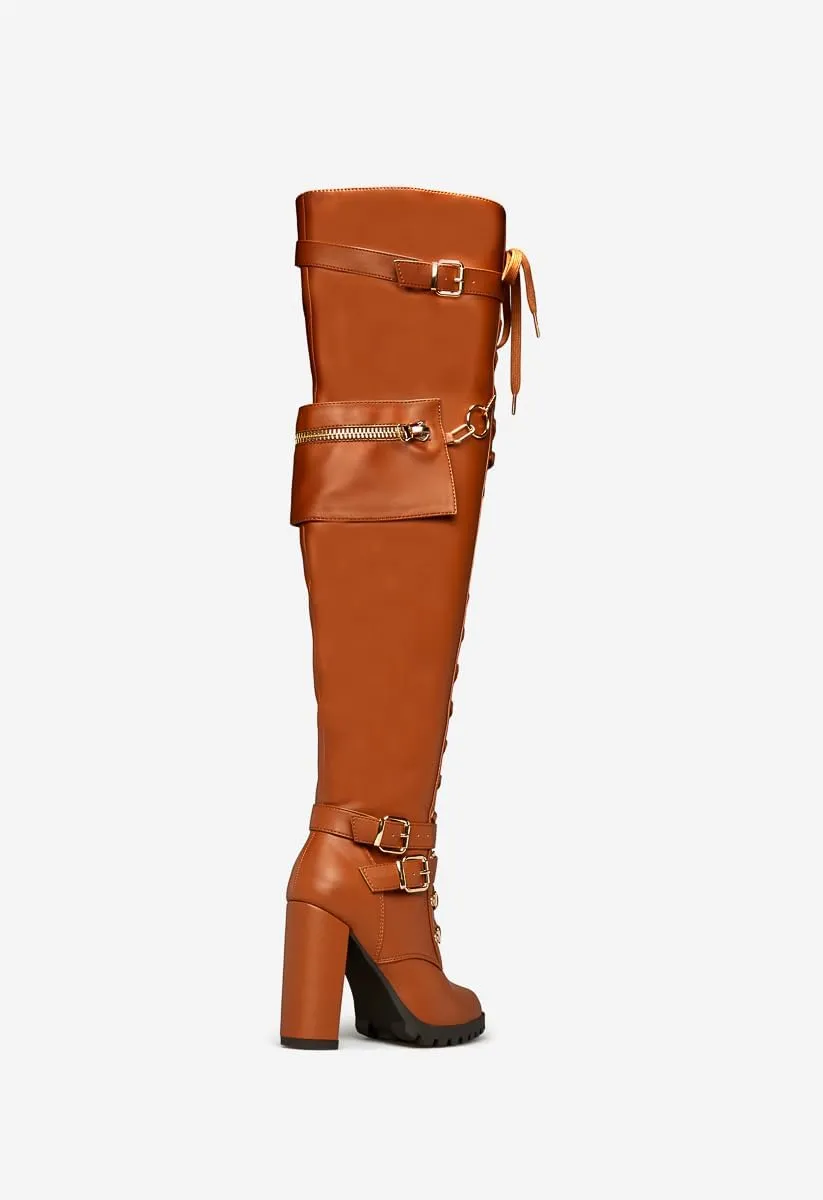 Yishaweiqi Buckle Strap Wide Calf Thigh High Boots for Women Chunky Block High Heel Over The Knee Boots Lace up Riding Combat Boots Ladies Side Zipper Tall Long Boots