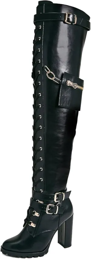 Yishaweiqi Buckle Strap Wide Calf Thigh High Boots for Women Chunky Block High Heel Over The Knee Boots Lace up Riding Combat Boots Ladies Side Zipper Tall Long Boots