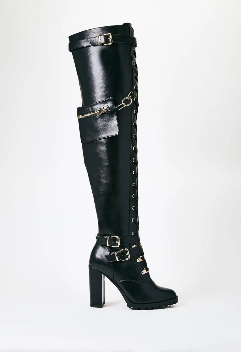 Yishaweiqi Buckle Strap Wide Calf Thigh High Boots for Women Chunky Block High Heel Over The Knee Boots Lace up Riding Combat Boots Ladies Side Zipper Tall Long Boots