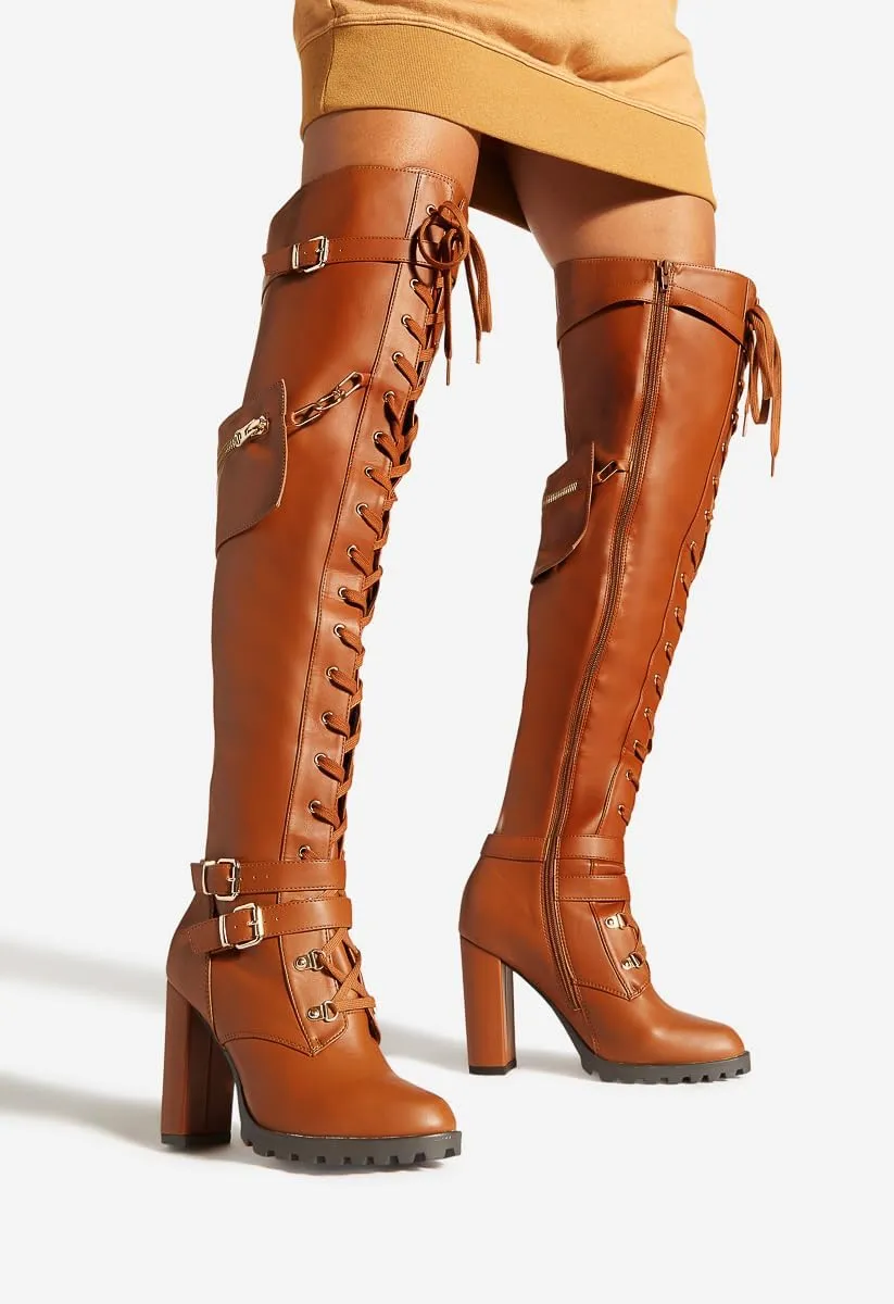 Yishaweiqi Buckle Strap Wide Calf Thigh High Boots for Women Chunky Block High Heel Over The Knee Boots Lace up Riding Combat Boots Ladies Side Zipper Tall Long Boots