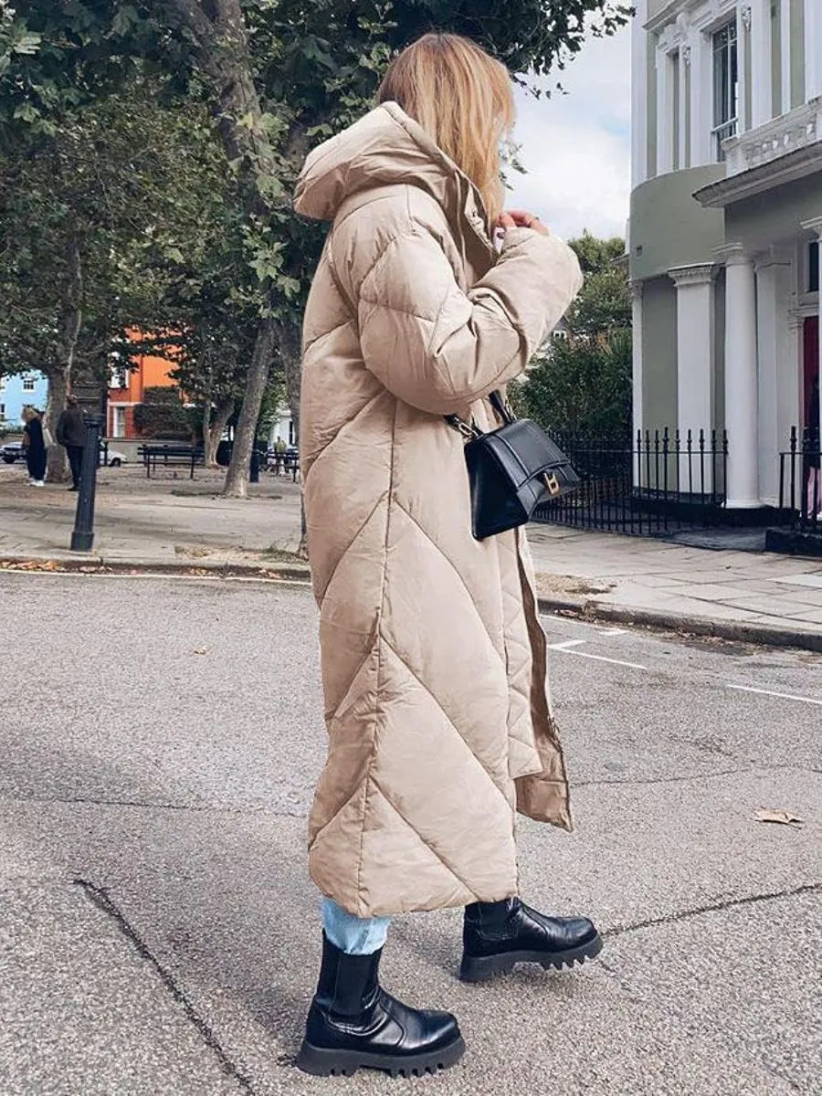 Yousify Women's Hooded Long Puffer Coat Winter Longer Thickened Down Jacket Zip Cotton Outwear