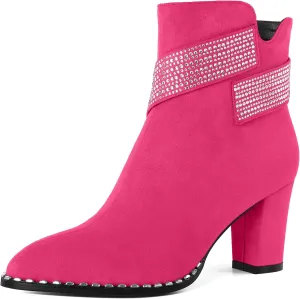 Zamikoo Chunky Heel Ankle Boots for Women Round Toe Beaded Heel Short Booties Fall Heel Boots with Sparkly Rhinestone Strap Side Zipper 3 Inches