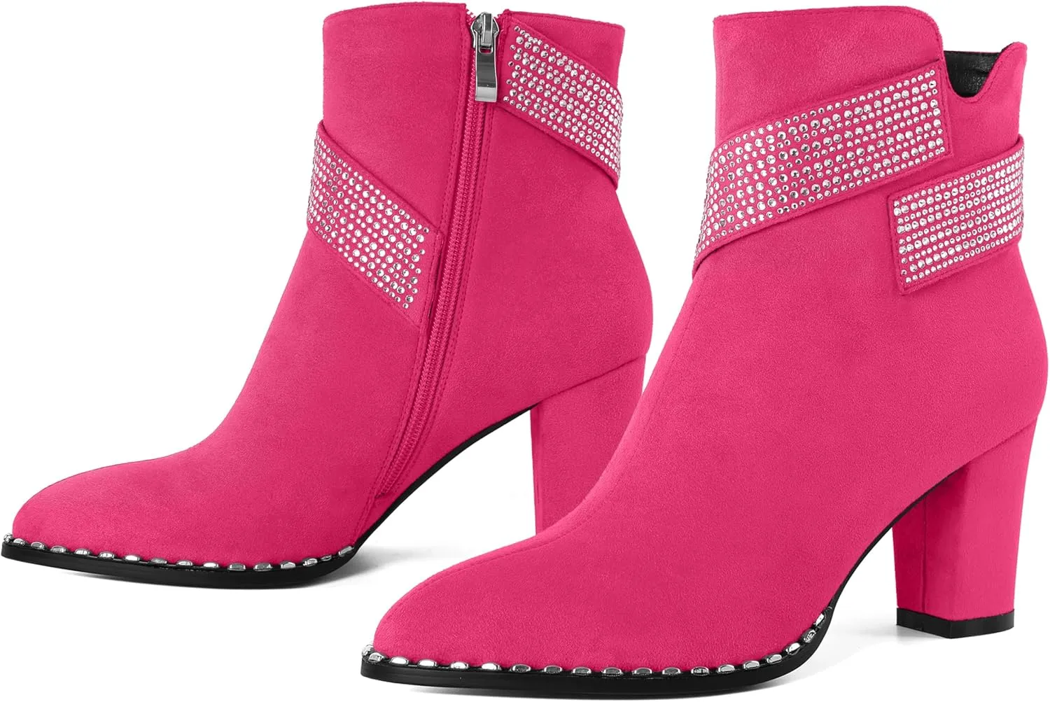 Zamikoo Chunky Heel Ankle Boots for Women Round Toe Beaded Heel Short Booties Fall Heel Boots with Sparkly Rhinestone Strap Side Zipper 3 Inches