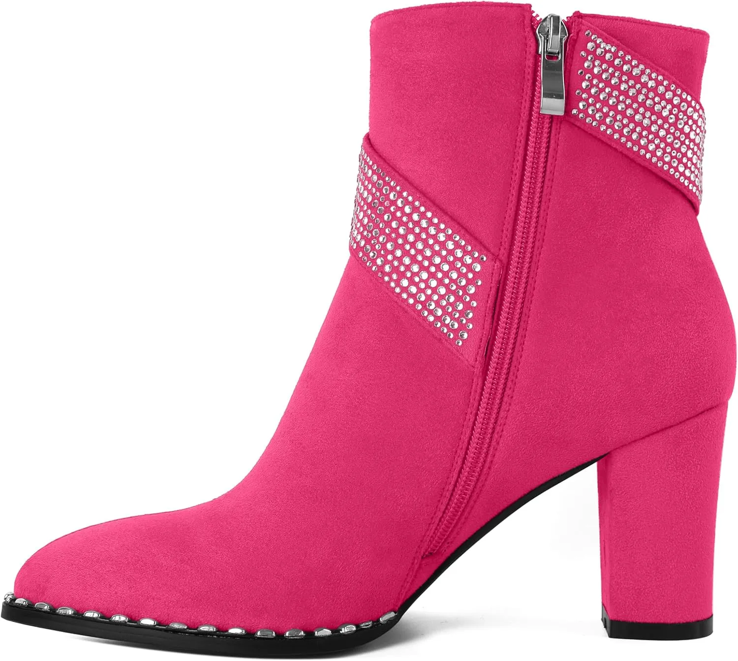 Zamikoo Chunky Heel Ankle Boots for Women Round Toe Beaded Heel Short Booties Fall Heel Boots with Sparkly Rhinestone Strap Side Zipper 3 Inches
