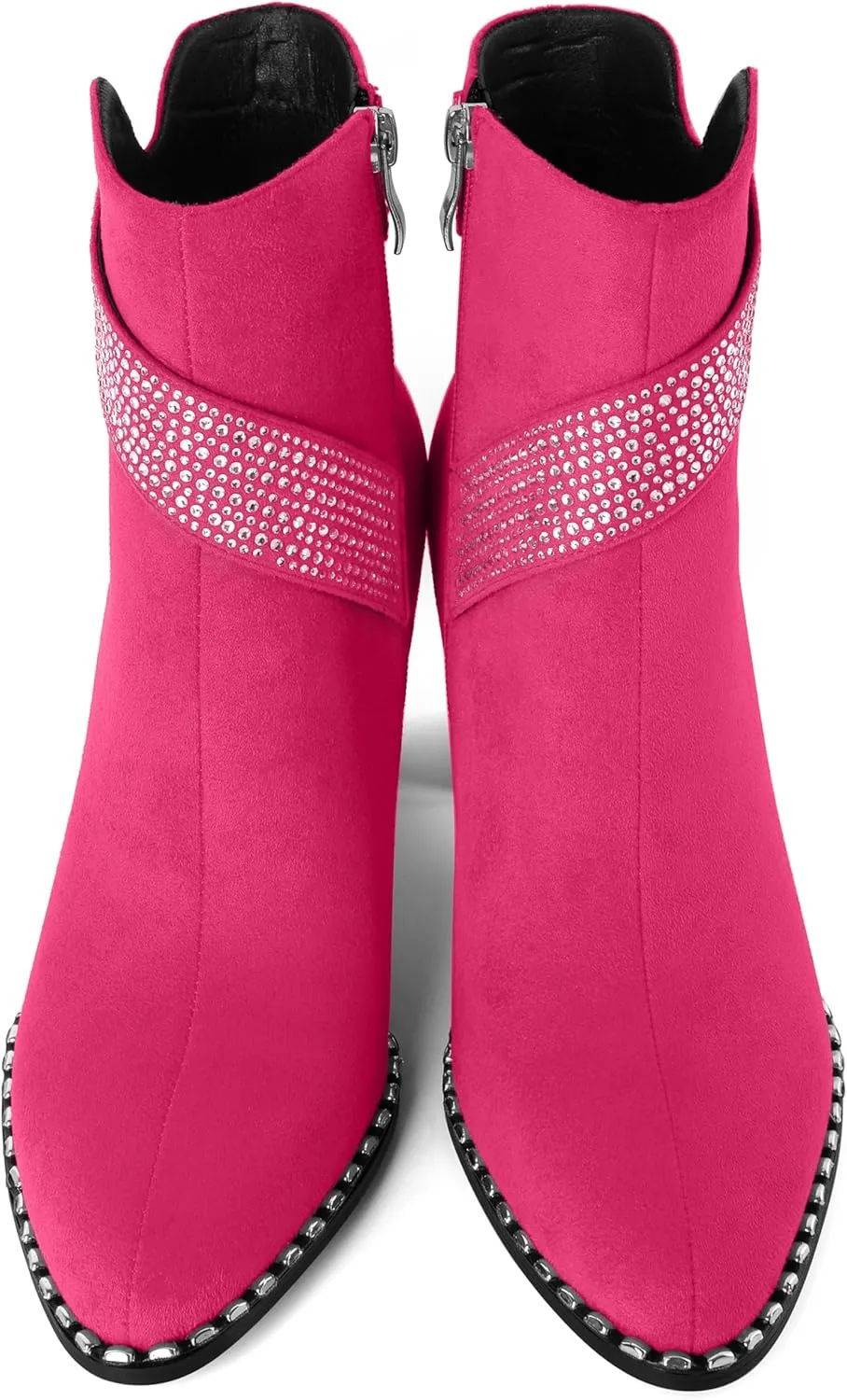 Zamikoo Chunky Heel Ankle Boots for Women Round Toe Beaded Heel Short Booties Fall Heel Boots with Sparkly Rhinestone Strap Side Zipper 3 Inches