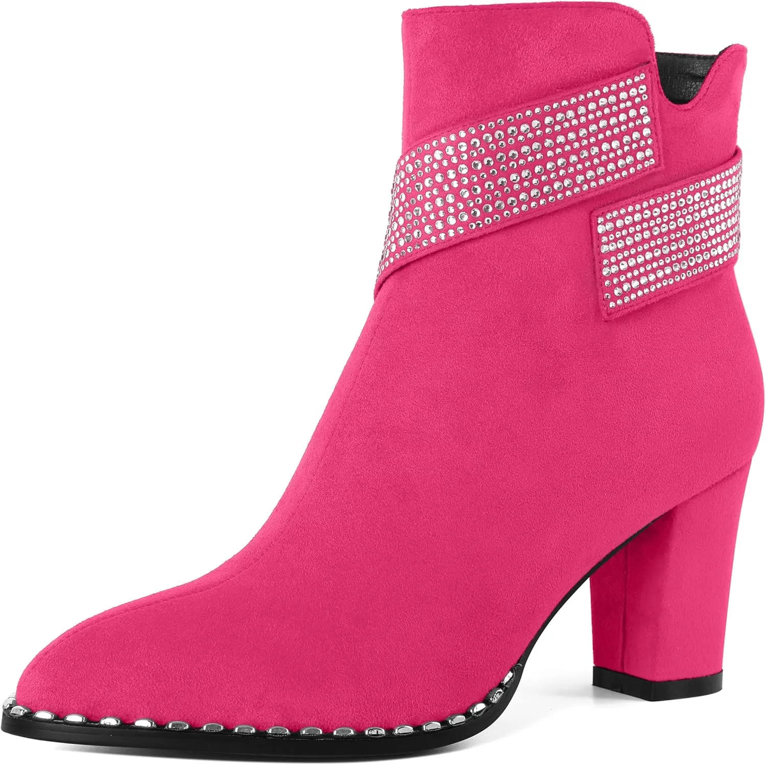 Zamikoo Chunky Heel Ankle Boots for Women Round Toe Beaded Heel Short Booties Fall Heel Boots with Sparkly Rhinestone Strap Side Zipper 3 Inches