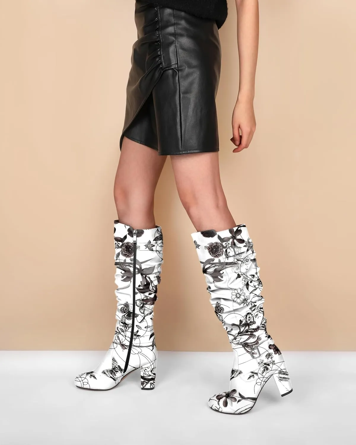 Zamikoo Slouchy High Heel Boots for Women Knee High Chunky Heel Boots Round Toe Slouch Metal Buckle Side Zipper Tall Boots 3.5 Inches