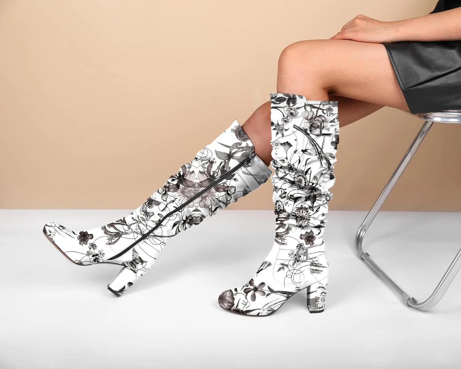 Zamikoo Slouchy High Heel Boots for Women Knee High Chunky Heel Boots Round Toe Slouch Metal Buckle Side Zipper Tall Boots 3.5 Inches