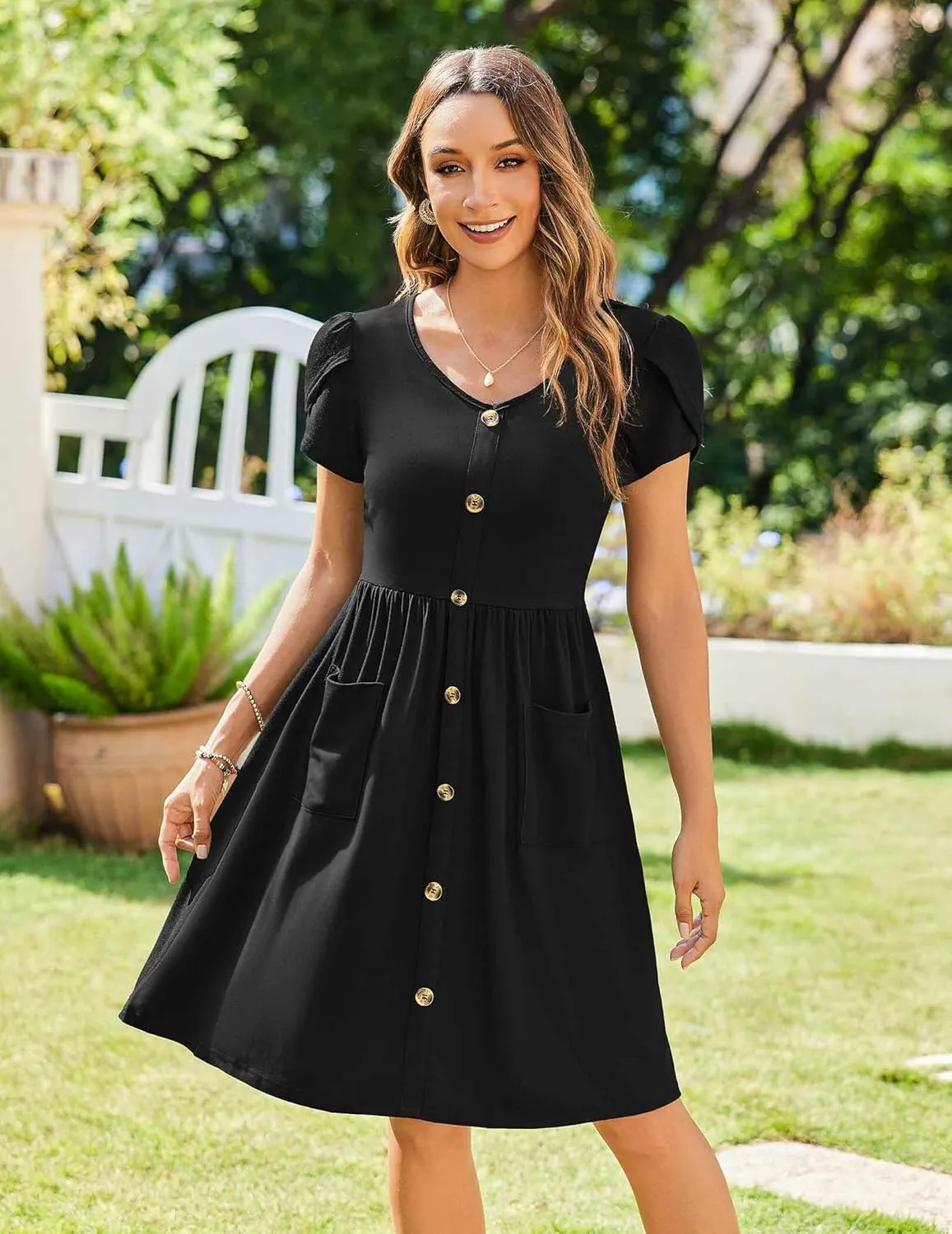 Zeagoo Womens Summer Dress Mini Petal Short Sleeve Dresses Pleated Button Down V Neck Floral Beach Swing Vacation Dress 2025
