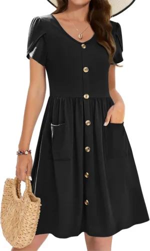 Zeagoo Womens Summer Dress Mini Petal Short Sleeve Dresses Pleated Button Down V Neck Floral Beach Swing Vacation Dress 2025