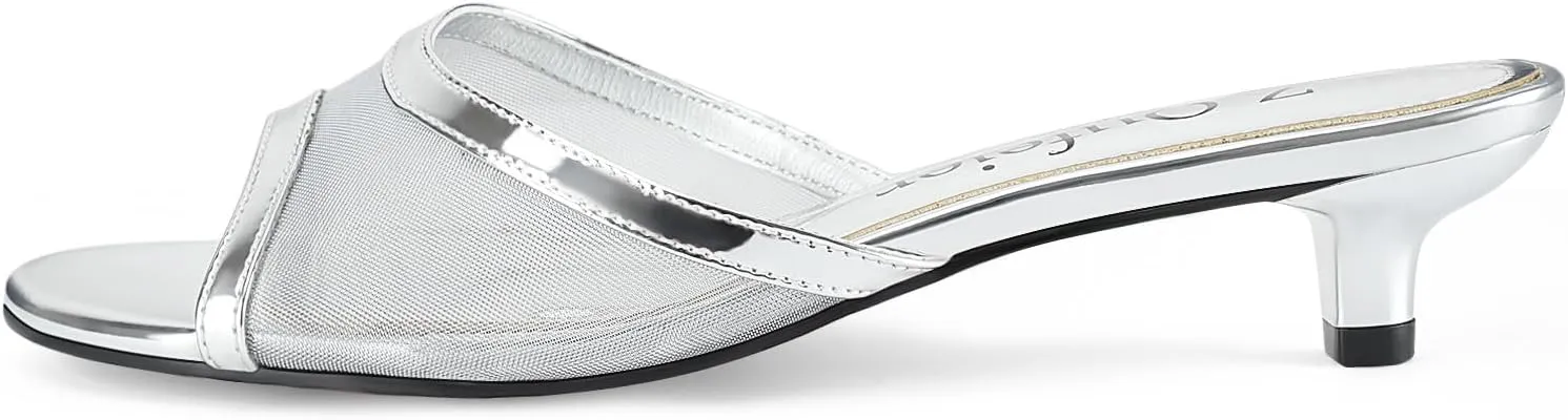 Z.Oufeier Women's Mesh Low Kitten Heeled Slide Sandals Round Open Toe Slip On Mules For Party Dress Wedding