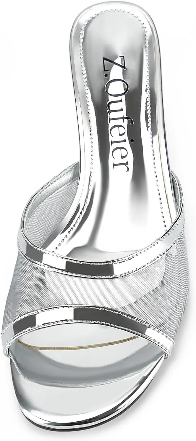 Z.Oufeier Women's Mesh Low Kitten Heeled Slide Sandals Round Open Toe Slip On Mules For Party Dress Wedding